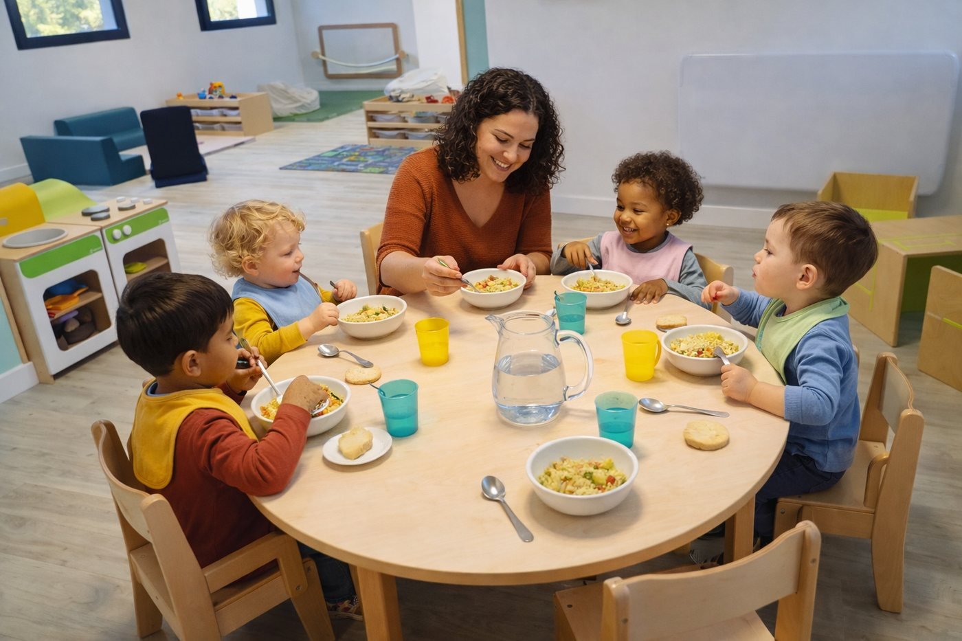 Professionnelle de micro-crèche accompagnant des enfants pendant le repas dans une structure Les P'tits Vikings